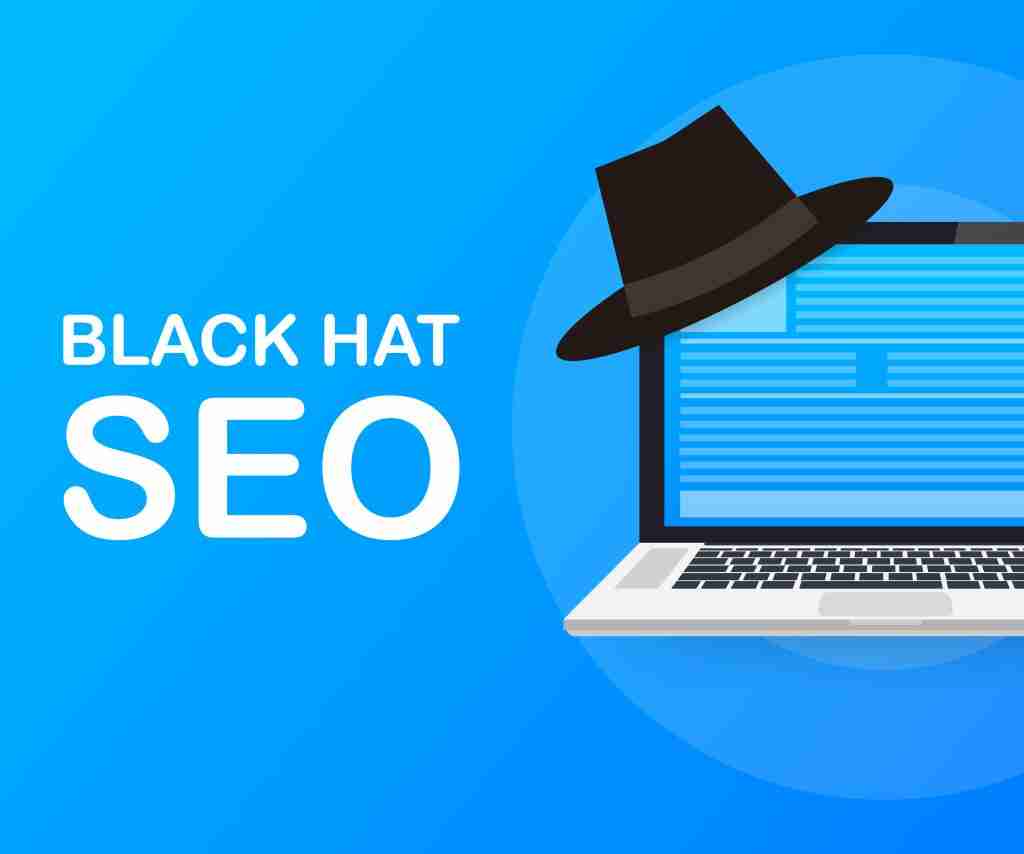 Images of a black hat leaning on a laptop screen. Says "Black Hat SEO" in Big Bold letters next to image