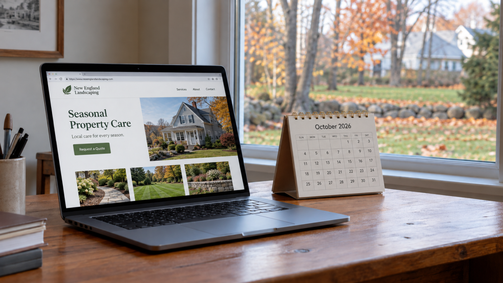 Laptop displaying a home service website beside a desk calendar, with autumn foliage outside.